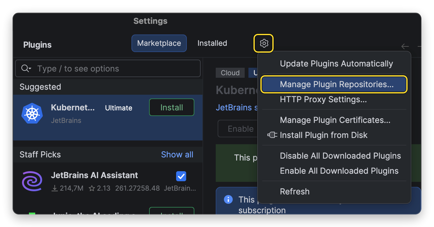 Меню ⚙️ в разделе Plugins: пункт Manage Plugin Repositories