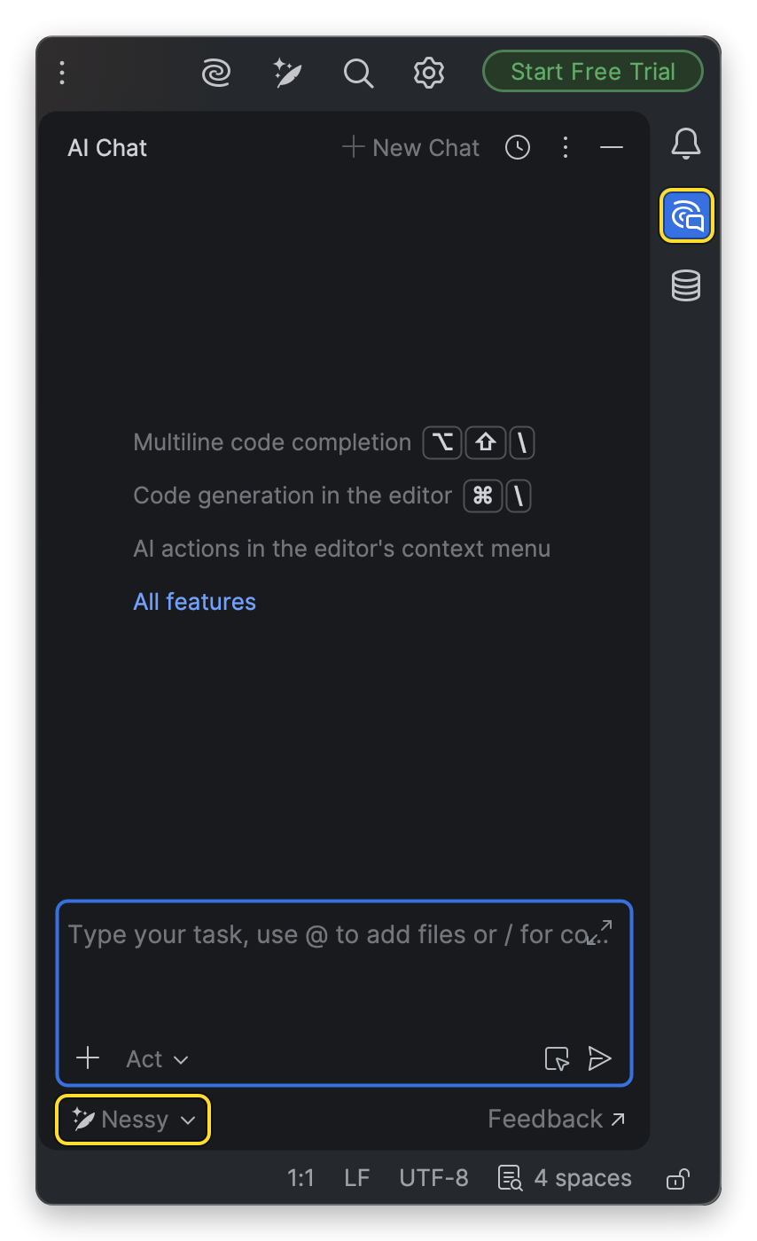AI Chat в IntelliJ IDEA: значок на правой панели и выбранный агент Nessy