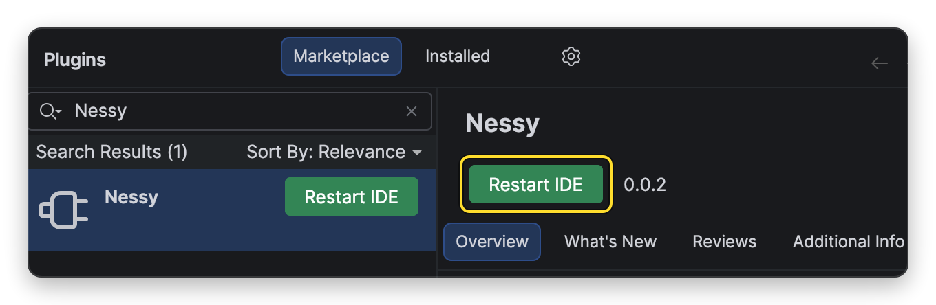Кнопка Restart IDE после установки Nessy