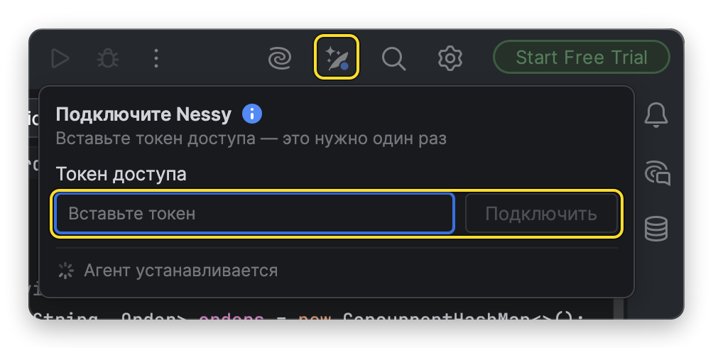 Окно «Подключите Nessy» с полем для токена