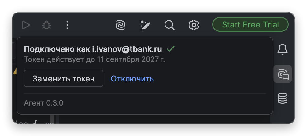 Окно Nessy: срок действия токена, кнопки «Заменить токен» и «Отключить»